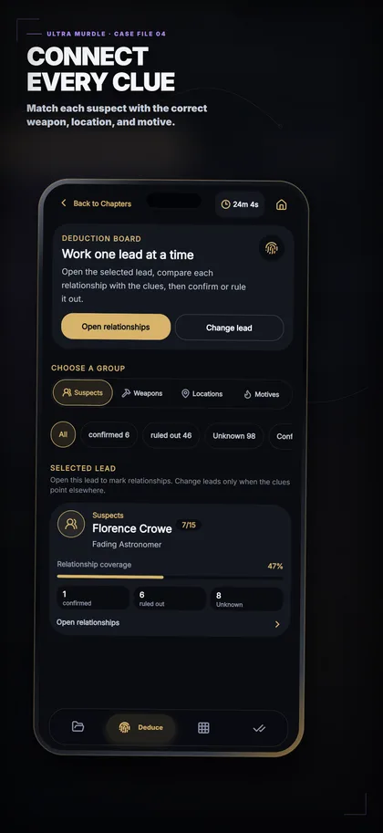 Ultra Murdle relationship controls connecting a suspect, tool, location, and motive